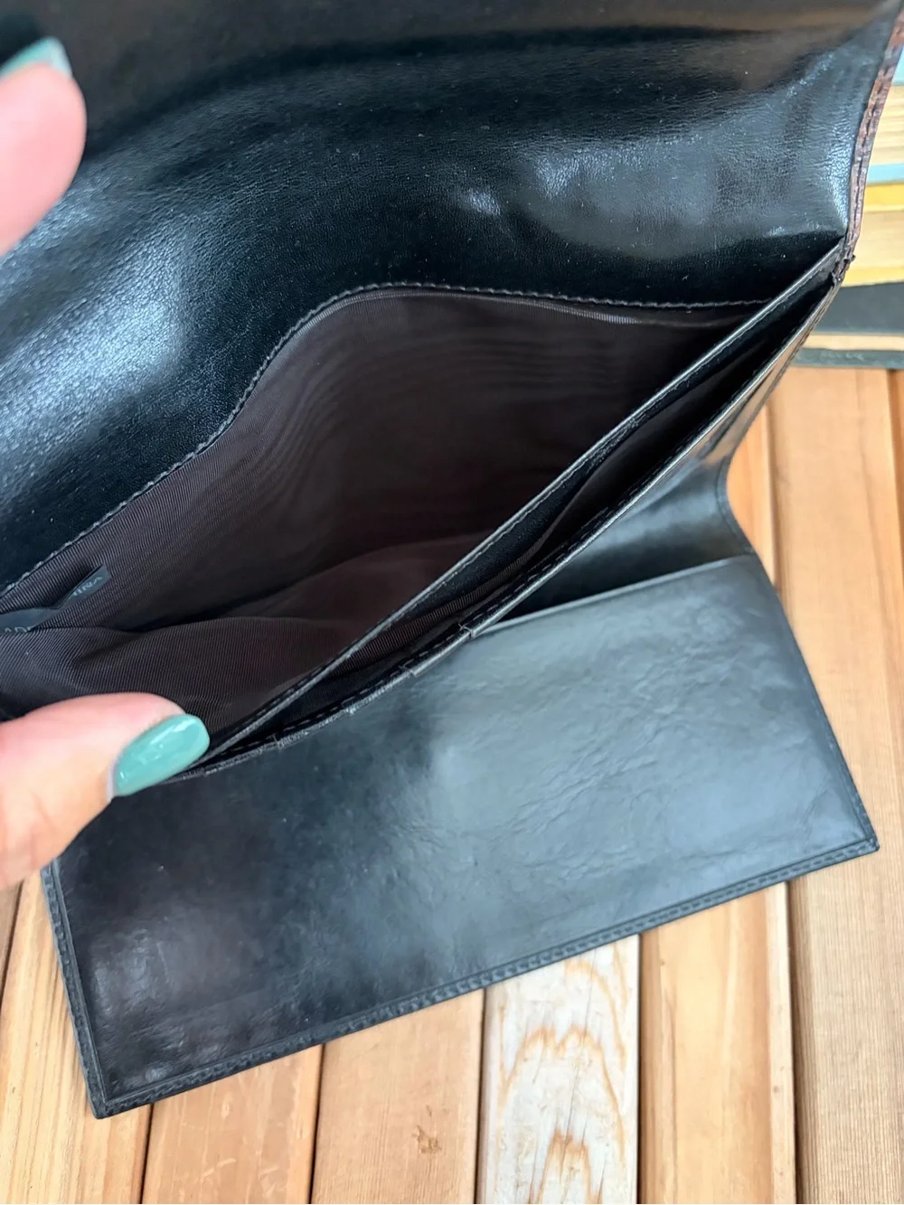 BRAHMIN Croc-Embossed Black and Brown Leather Trifold Wallet